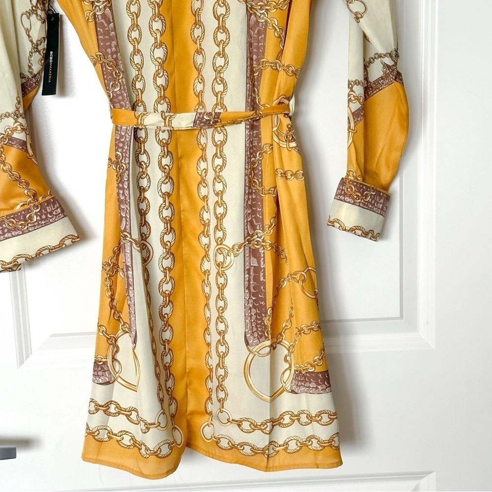 BCBGMaxAzria Crazy Chains Mustard Yellow Shirt Dress Long Sleeve Size L - Picture 8 of 9